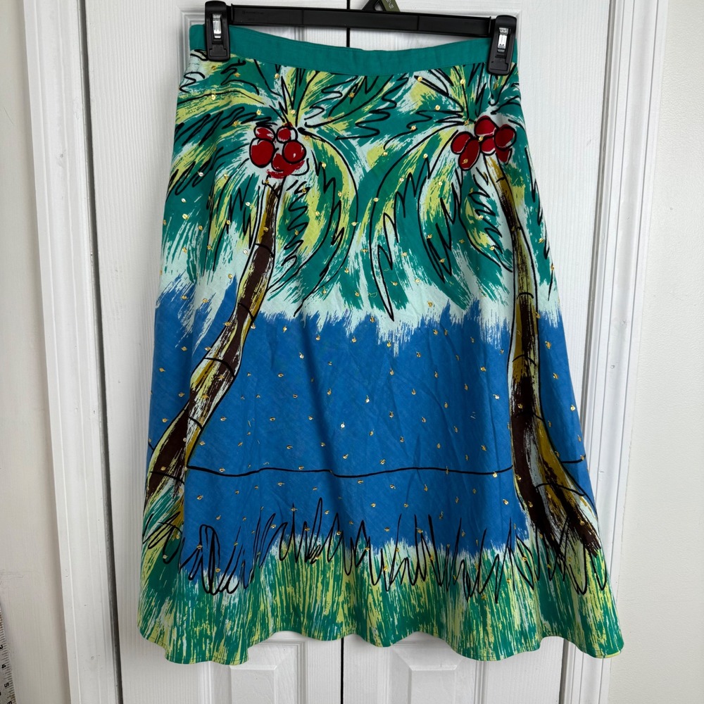 Bernardo Tropical Palm Tree Sequin Embellished Cotton Midi Skirt Green‎ Blue 8